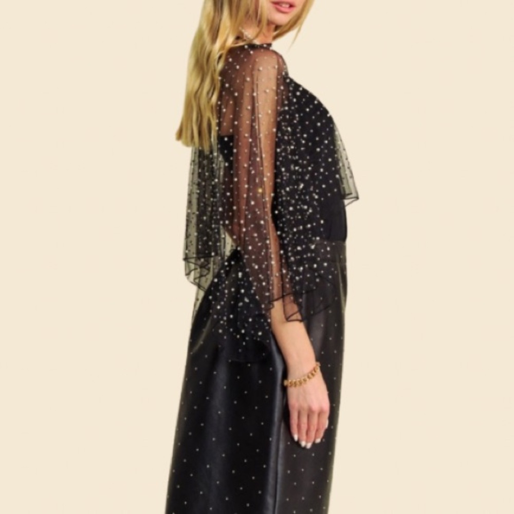 NEW TRENDING SO PRETTY PEARL RHINE STONE EMBELLISHED MESH TOPPER CAPE - Picture 3 of 7